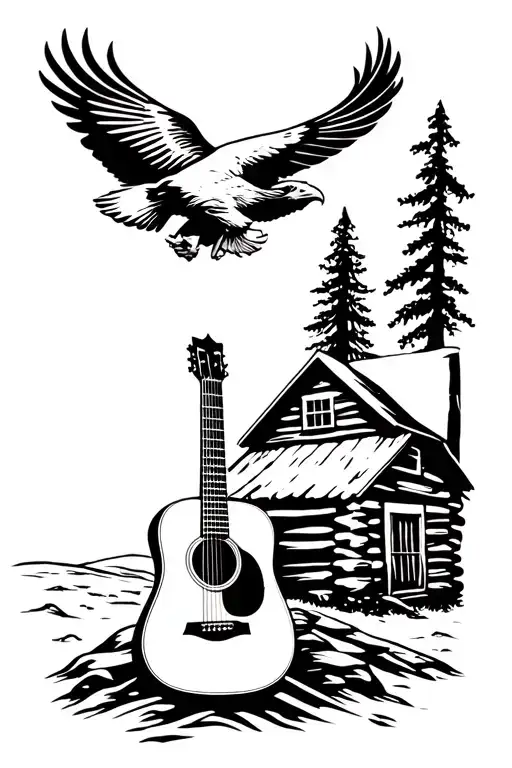 acoustic guitar sitting beside a log cabin and a bald eagle flying  tattoo design idea