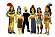 seven people standing in a group graphics in the style of the Simpsons 2 women 4 men one girl They look like an Egyptian sphinx tattoo design idea