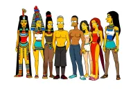 seven people standing in a group graphics in the style of the Simpsons 2 women 4 men one girl They look like an Egyptian sphinx tattoo design idea