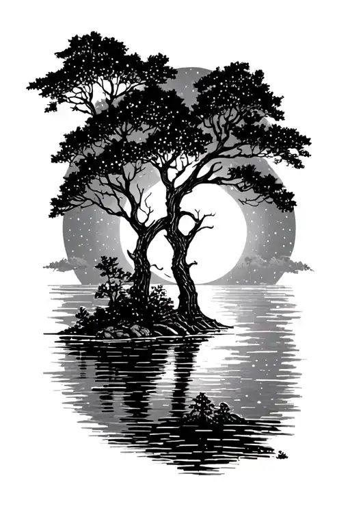 nature inspired trees water sun moon tattoo design idea