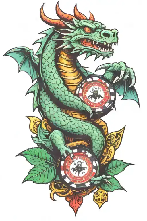 Poker, chips, dragon, bank building tattoo design idea