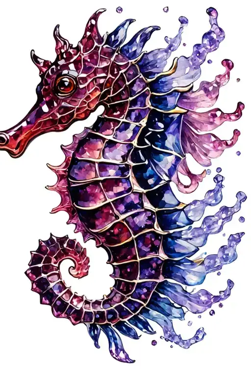 a garnet and tanzanite seahorse swimming tattoo design idea