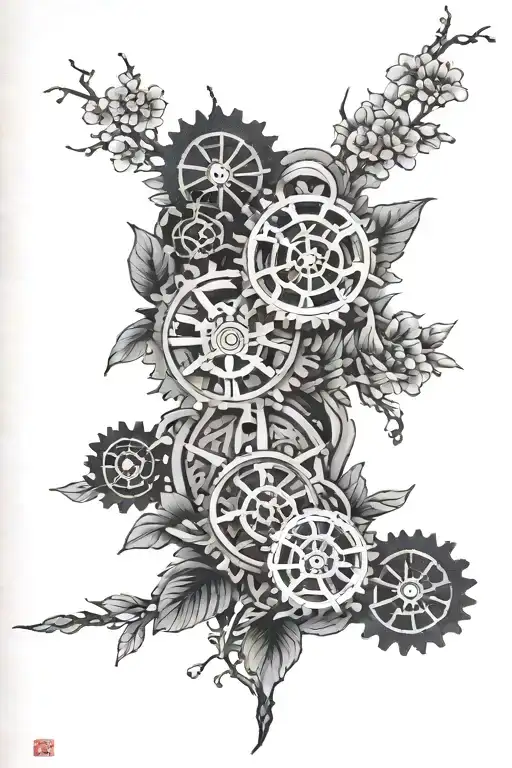 gears and blossoms intertwined within its petals tattoo design idea