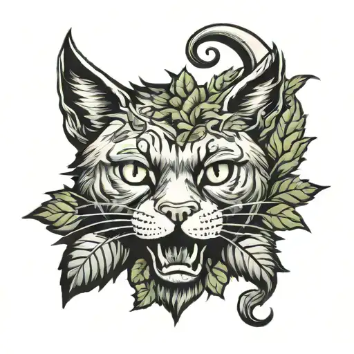 head of a dometic cat with bull horns covered by poison ivy  tattoo design idea