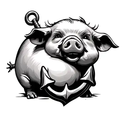 A pregnant pig that hugs an anchor, the nipples stick out, the artist's drawing tattoo design idea