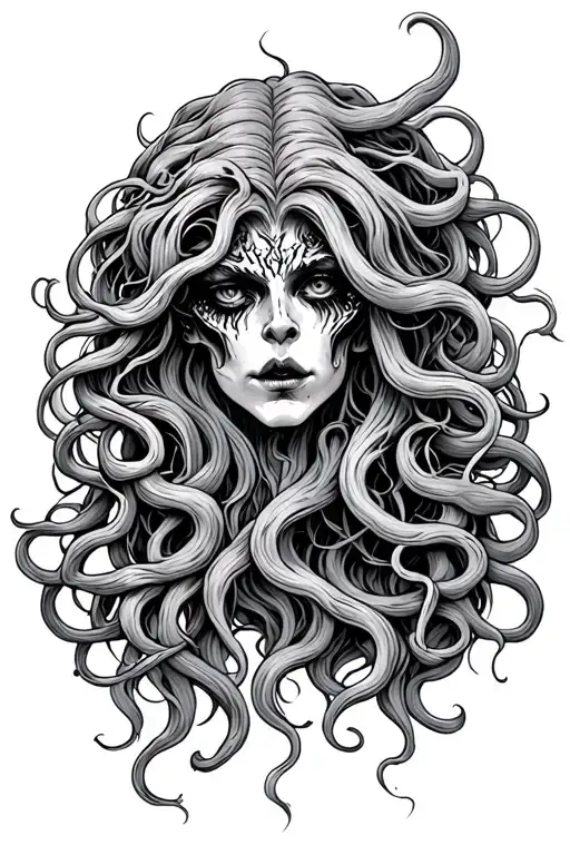 lovecraft Medusa sideways on with long flowing hair evil  tattoo design idea