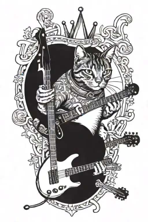 cat, broken crown, bass guitar, ski, travel, music, holiday, beer tattoo design idea
