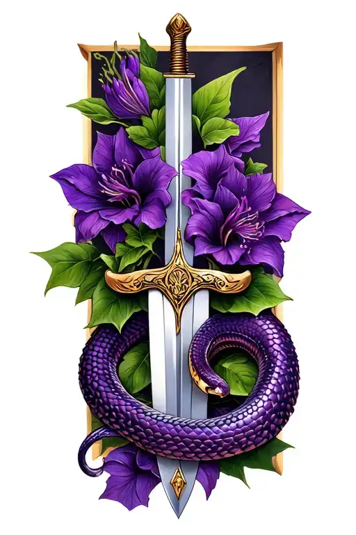 sword and purple belladonna and snake tattoo design idea