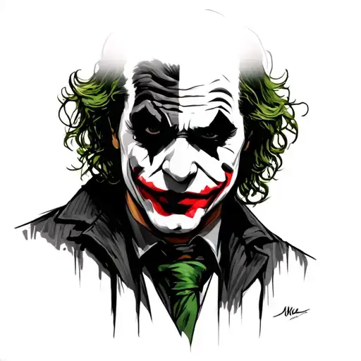 Sketch-style black and white tattoo design of the Joker inspired by Heath Ledger from The Dark Knight. His face is half  tattoo design idea
