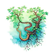 snake climbing tree with a rise vine wrapped around the trunk and roots reaching deep tattoo design idea
