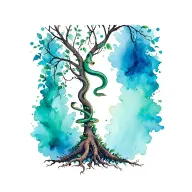snake climbing tree with a rise vine wrapped around the trunk and roots reaching deep tattoo design idea