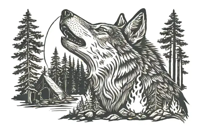 woods campfire wolf howling at the moon tattoo design idea