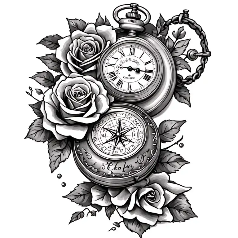 pocket watch, roses, compass, with 2 grandchildren birth dates and time tattoo design idea
