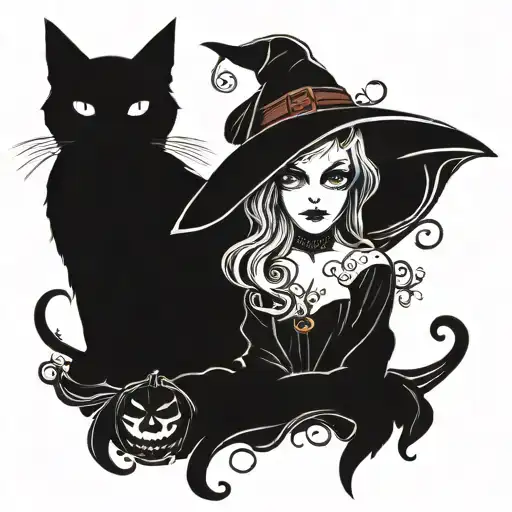 cat + halloween + witch tattoo design idea