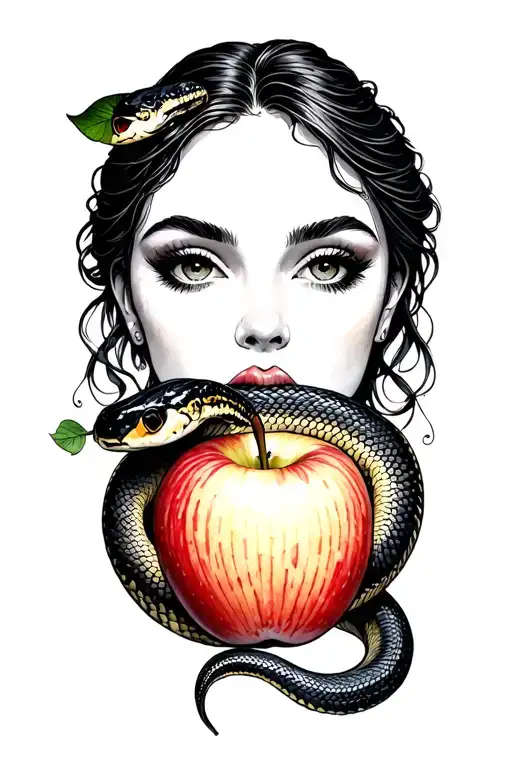 eve eating the apple and snake coiled tattoo design idea