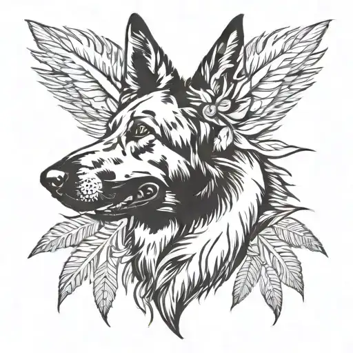 german shepherd head in big feather, birds flying away out of feather tattoo design idea