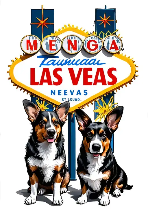 las vegas sign, New York City, Nashville, St. Louis. 6 corgi dogs tattoo design idea
