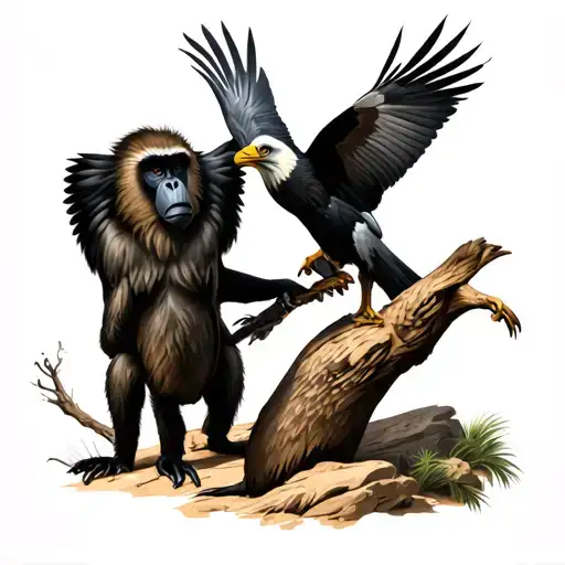a baboon and a Condor facing each other. The baboon has a strong but static expression an pose, the Condor is dancing.  tattoo design idea