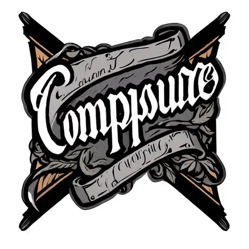 the word composure on knee, neo trad american old school style w color tattoo design idea