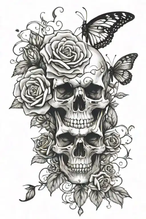 roses skull butterfly's with flower stem half armsleevee tattoo design idea
