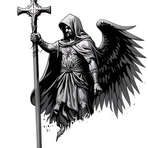 Warrior Saint Micheal with cross spear piercing hooded  tattoo design idea