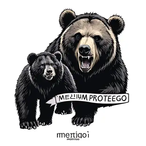 "meum protego" fierce papa bear with 2 cubs face and upper body only tattoo design idea