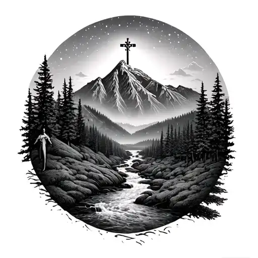 right arm sleeve, Appalachia mountains and trees, stream, man following stars, cross on mountain top archangel Michael  tattoo design idea