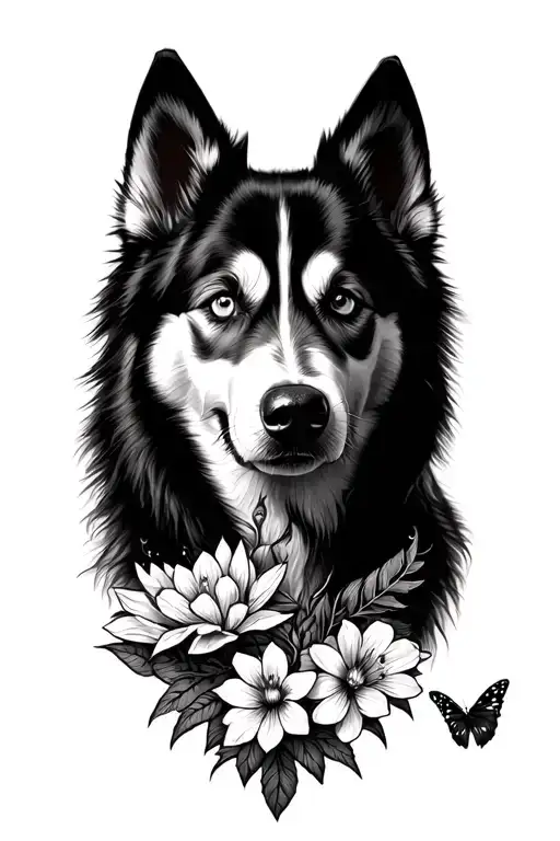 mandala, Siberian husky, flowers, monarch butterfly tattoo design idea
