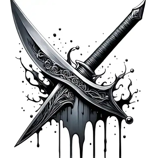 A sword with ink dripping from the tip, blending power and creativity. tattoo design idea