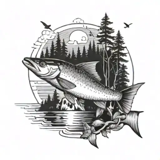 An arrow with imagery of forest, a fish jumping, a sunset along its length tattoo design idea