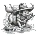 Straw hat kid farmer sitting on water buffalo playing the flute tattoo design idea