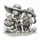 Straw hat kid farmer sitting on water buffalo playing the flute tattoo design idea