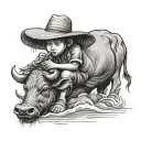 Straw hat kid farmer sitting on water buffalo playing the flute tattoo design idea