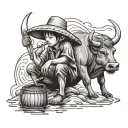 Straw hat kid farmer sitting on water buffalo playing the flute tattoo design idea