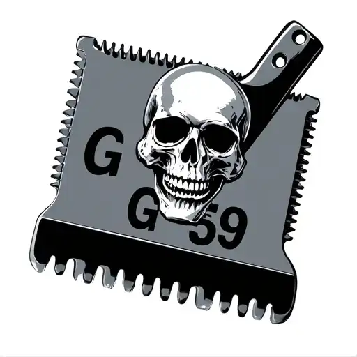razor blade pressed into skin with a skull on it with the letters G59 tattoo design idea