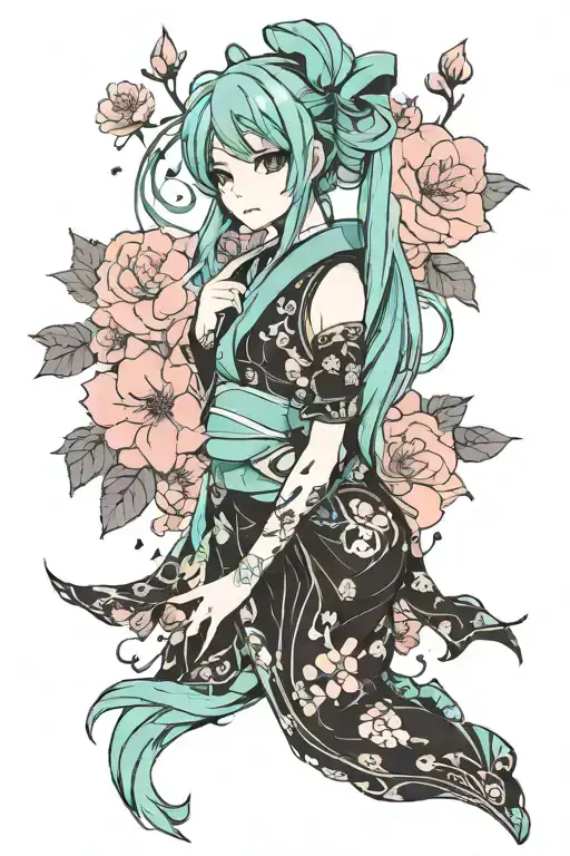 Hatsune Miku blackwork arm small with sakura flowes tattoo design idea