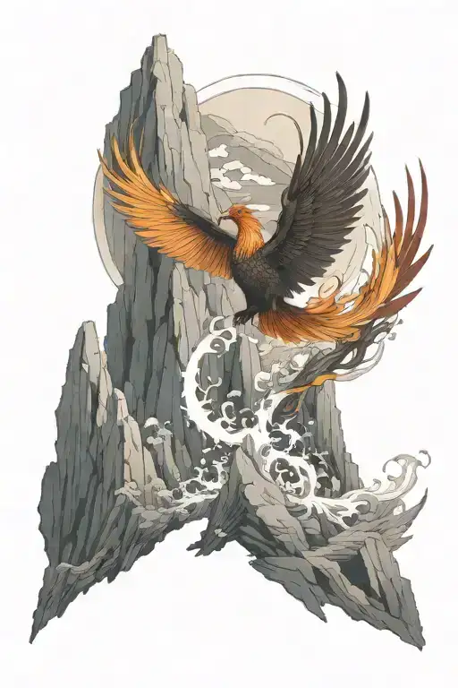 mountains landspace with rising Phoenix from fire tattoo design idea