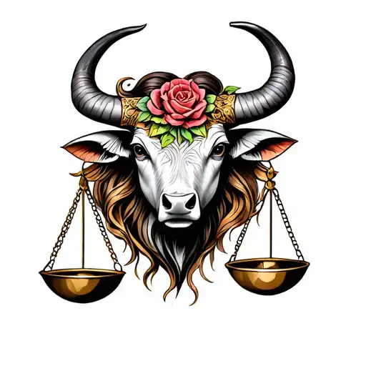 libra scales and feminine taurus bull tattoo design idea