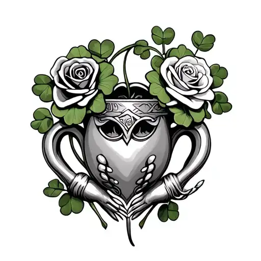 shamrock and claddagh and rose in a line tattoo design idea