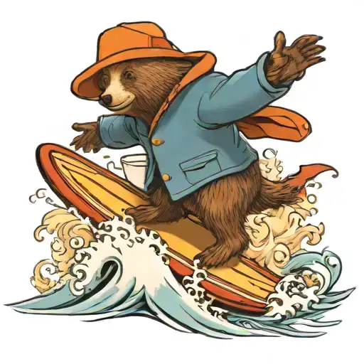 A Paddington bear surfing on a coffee wave tattoo design idea