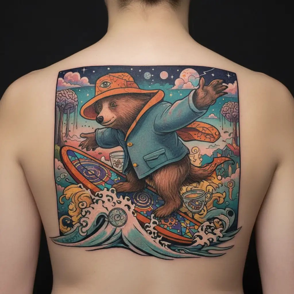A Paddington bear surfing on a coffee wave tattoo design idea