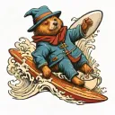 A Paddington bear surfing on a coffee wave tattoo design idea