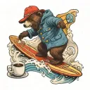 A Paddington bear surfing on a coffee wave tattoo design idea