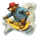 A Paddington bear surfing on a coffee wave tattoo design idea