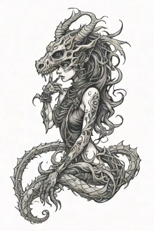 Libra skeleton dragon wrapped around Aries girl animated style with dark aesthetic  tattoo design idea