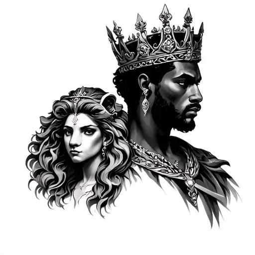 black male king Aquarius and black female queen Leo with symbolism tattoo design idea