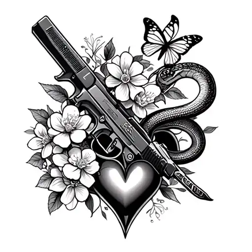 car, gun. knife, cherry blossom, butterfly, snake, spider and heart tattoo design idea
