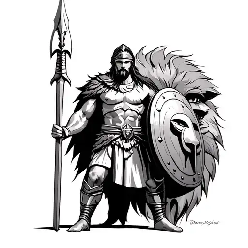 Spartan warrior holding a spear in his right hand a shield in his left hand. Behind him is a big lion head. tattoo design idea