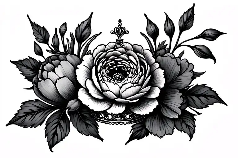crown and ranunculus flowers tattoo design idea