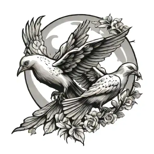 moon 2 doves and two hands pointing tattoo design idea